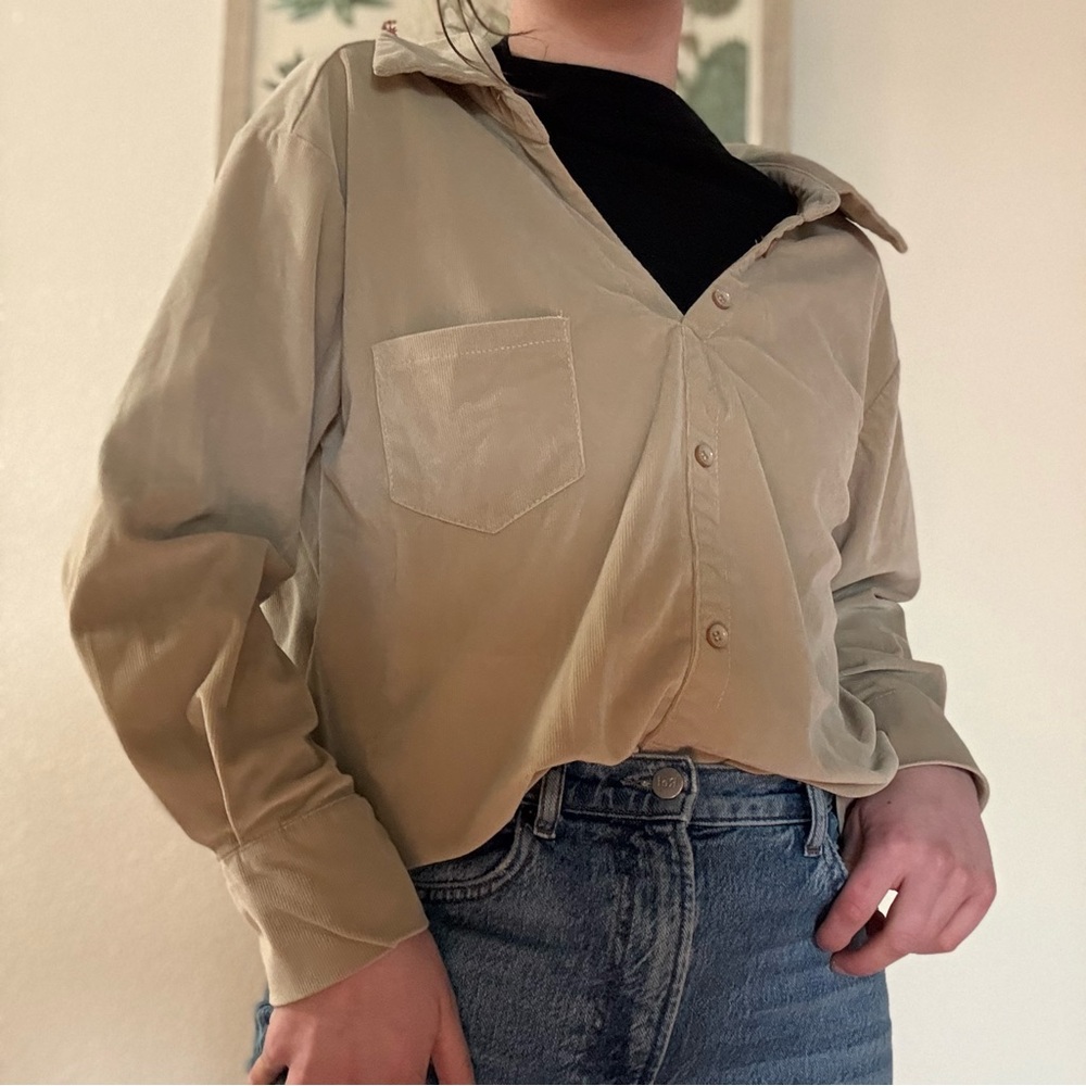 HLKODO mock-neck tan corduroy buttoned shirt preppy dark academia
